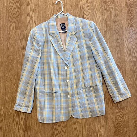 Vintage Gap Blazer Womens Large Blue Yellow Plaid Print Linen 1990s - Picture 1 of 9
